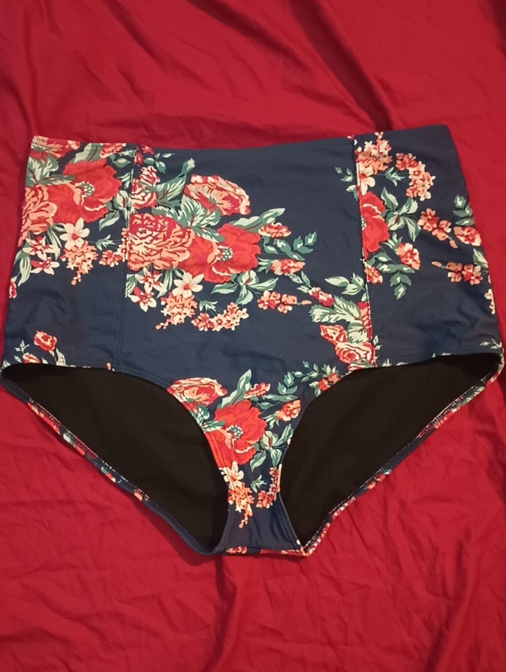 COCOSHIP High-Waist Floral Bikini Shorts in Navy & Red Woman's Size 2XL Swim 👙